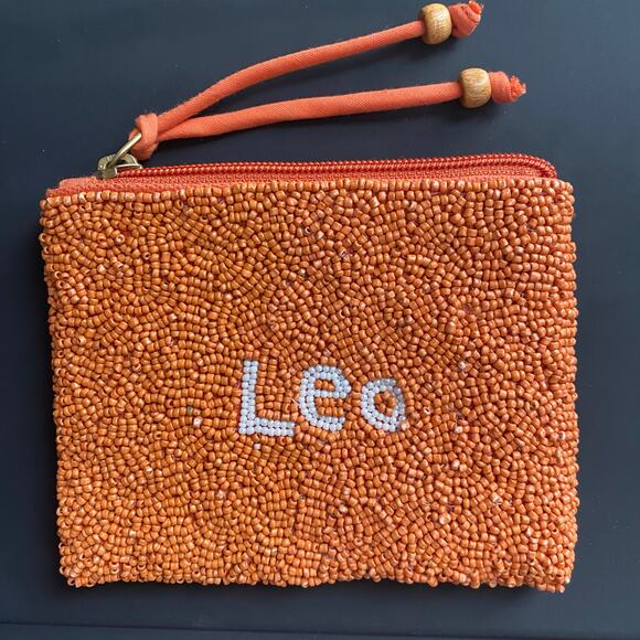 Zodiac Leo Lion Orange Beaded Zipper Mini Bag Coin Purse Hand Wallet 5 x 4 in - Picture 3 of 6